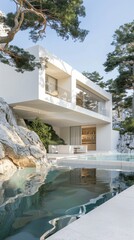 a modern architecture villa on the Mediterranean coast, a pristine pool amidst rugged rocks and towering pine trees, its white exterior bathed in natural light, evoking a vibrant summer mood.