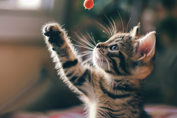 A cute kitten penton pawing at the air, trying to catch an object in midair.