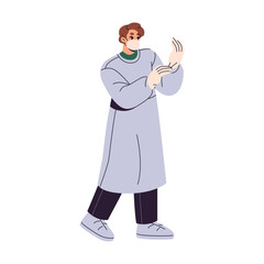 Professional surgeon prepares to surgery. Doctor adjusts gloves on the go to operation. Medic wears protective mask in operating room. Emergency healthcare. Flat isolated vector illustration on white