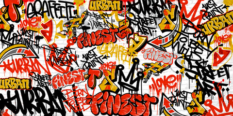 Graffiti background with throw-up and tagging hand-drawn style. Street art graffiti urban theme in vector format.