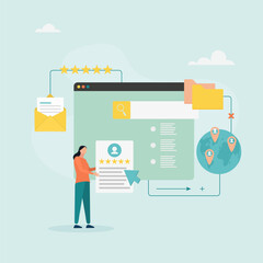 Recruitment concept. A woman is looking for candidates for vacancies, looking for the best resume, hiring employees. Vector illustration.
