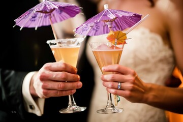 Close-up of a couple holding festive cocktails with umbrellas, dressed in formal wear, suggesting a wedding or celebration.