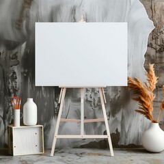Empty painter easel mockup. Concrete wall room