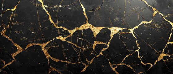 An illustration of kintsugi repair golden cracks against a dark backdrop for printing or a product background purpose, Generative AI.