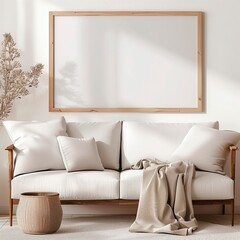 Living room mockup. Horizontal metal frame. White sofa