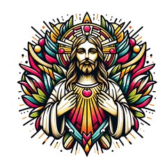 A colorful illustration of a jesus christ with his arms around his heart illustration harmony.