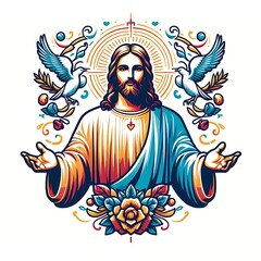 A colorful illustration of a jesus christ with his arms out illustration harmony used for printing.