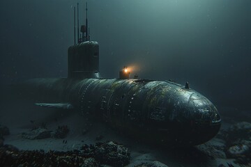 A submarine floats on the surface of the ocean water, partially submerged with only its conning tower visible