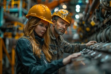 Obraz premium Two factory workers wearing hard hats inspecting machinery in an industrial setting
