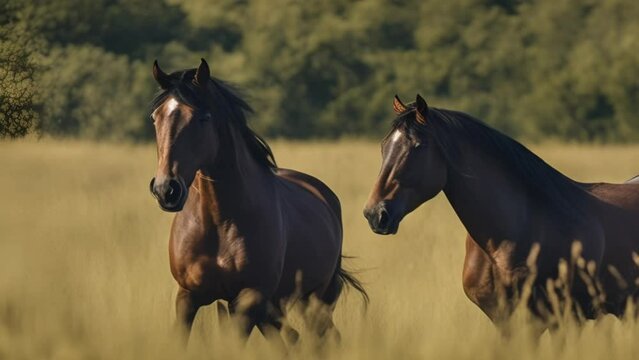 A black horse galloping across blooming meadow