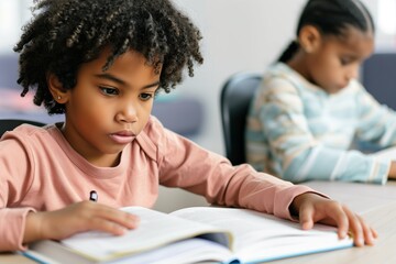 Fototapeta premium Two children focused on reading books in a classroom setting, emphasizing education and concentration.