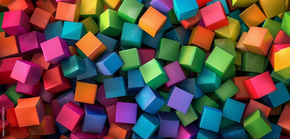 Aufkleber abstract background, many toy blocks in different colors making up one large square shape in top vie
