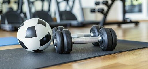 a home gym setting, featuring a soccer ball and dumbbells resting on a yoga mat amidst various...