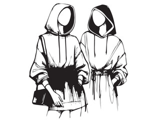 Fashion illustration. Cartoon girl in hoodie. Black sketch