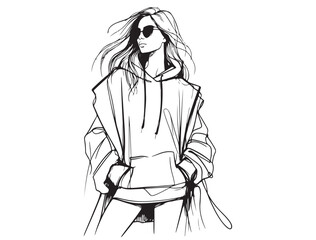 Fashion model posing. Girl in hoodie. Sketch