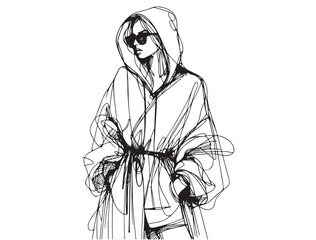 Fashion model posing. Girl in coat with capishon. Sketch