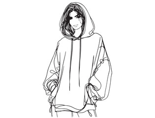 Fashion model posing. Girl in hoodie. Sketch