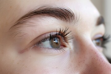 Close-up image of a person's eye showcasing detailed lashes and eyebrows with clear skin texture and visible freckles.