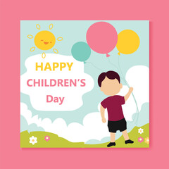 Hand drawn world children's day Instagram posts collection with children hand balloon, cloud playground background