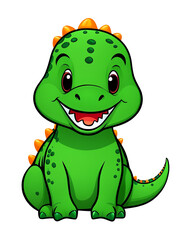 Fototapeta premium Сute green cartoon dinosaur illustration, isolated on transparent background. Animal for baby decor, childrens design, sticker, nursery art, birthday, invitatitions, banner.