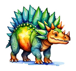 Obraz premium Сute watercolor dinosaur illustration, isolated on transparent background. Jurassic World cartoon animal. For baby decor, childrens design, sticker, nursery art, birthday, invitatitions, banner