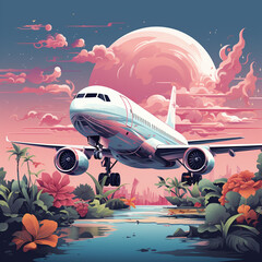 Airplane flying in the sky at sunset. Vector illustration in cartoon style.
