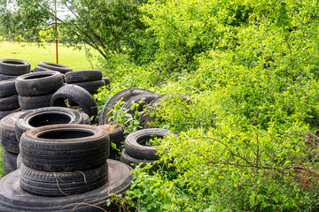 Used car tires thrown into the forest. Environmental pollution concept