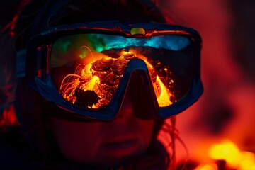 Close-up of reflective goggles showing an erupting volcano. The intense glow of lava contrasts with the cool tones of the surrounding environment.