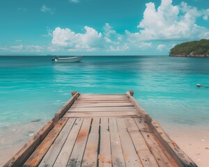 Obraz premium Serene Tropical Beach with Wooden Pier and Moored Boat on Crystal Clear Blue Water