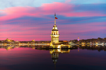 Maiden's or Leander's Tower in the Marmara sea, twilight view, Istanbul