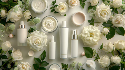 Layout of white cosmetics products and roses flowers, top view isolated on white background,...