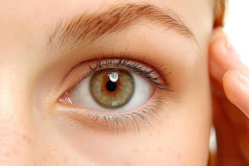 Obraz premium A woman is using her hand to touch her eye in this close-up shot