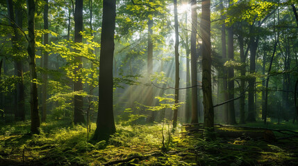 Obraz premium A peaceful forest scene with sunlight streaming through the trees