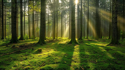 Obraz premium A peaceful forest scene with sunlight streaming through the trees