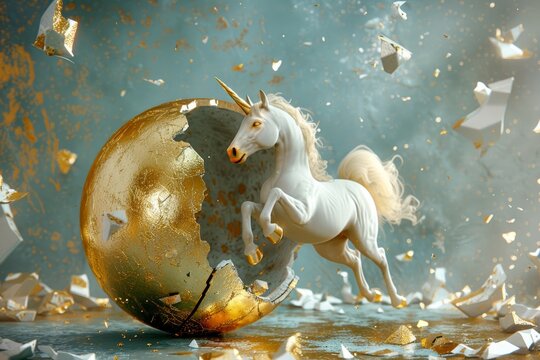 A fantasy illustration of a white unicorn breaking out from a big light reflected egg with sparkling and outstanding effects.