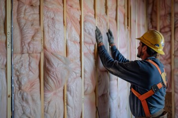 Construction worker installing fiberglass insulation in wall framework of a building under construction. Worker wearing safety gear and gloves.
