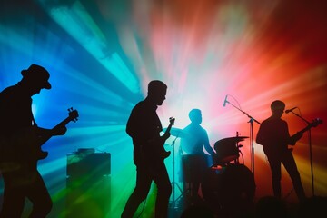 Silhouette of a live band performing on stage with colorful lights in the background creating a vibrant atmosphere.