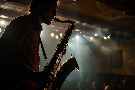 Silhouette of a saxophonist performing on stage with dramatic lighting and an audience in the background.
