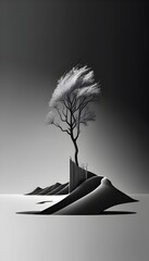 Minimalist D A Lone Tree Reduced to Essential Lines and Planes in Monochrome