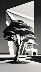 D Digital Sketch Emphasizing a Solitary Trees Essential Lines and Planes in Monochrome