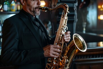 A musician in a black suit plays a golden saxophone in a dimly lit bar, creating a warm and intimate ambiance.