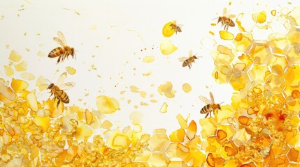 a watercolor yellow floral honeycomb frame adorned with bees and lush green leaves, set against a pristine white background, with ample space, offering a perfect canvas for creativity.