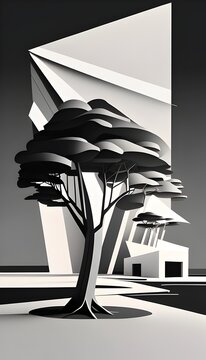 D Digital Sketch Emphasizing a Solitary Trees Essential Lines and Planes in Monochrome