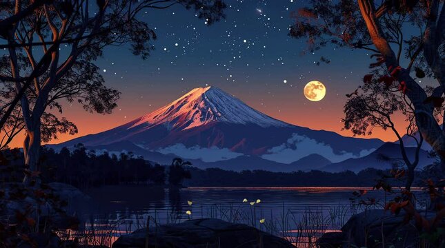 Majestic glowing mountain under a full moon in a tranquil nighttime landscape.
 Seamless looping 4k time-lapse virtual video animation background. Generated AI
