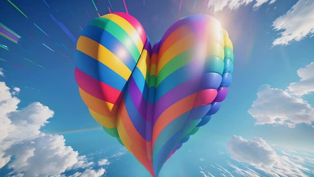 Huge 3D rendered heart-shaped balloon in rainbow colors shining against blue sky with light white clouds. Generative AI animation