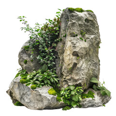 Large rocks with overgrown foliage and moss