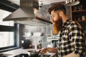 Bearded man in plaid shirt cooking in modern kitchen, stirring a pot on the stove.