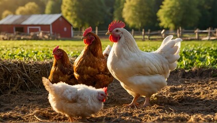 Fototapeta premium Lively farm scene with chickens engaged in their daily activities on vibrant farmland