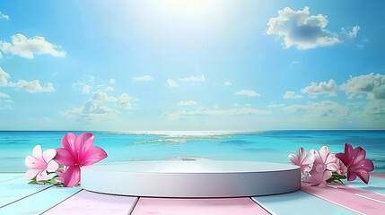 Summer podium background 3D product display beach cosmetic scene sale. Background summer podium sea stand stage beauty sky platform shop water placement theme ad template mockup travel blue banner.