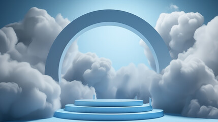 Cloud background podium blue 3d product sky white display platform render abstract stage pastel scene. Podium stand light minimal cloud background studio dreamy pedestal backdrop png smoke geometric.